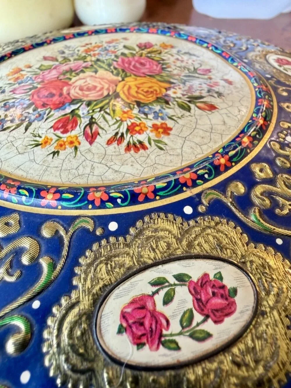 Vintage Container Holland Blue Gold Floral Round Cookie Tin 8”